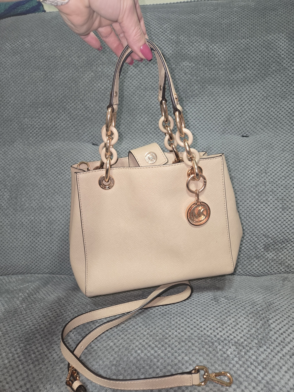 Michael Kors Beige Saffiano Leather Crossbody Satchel with Gold Hardware